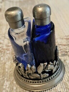 Pewter Topped  Perfume Bottles W/Pewter Holder